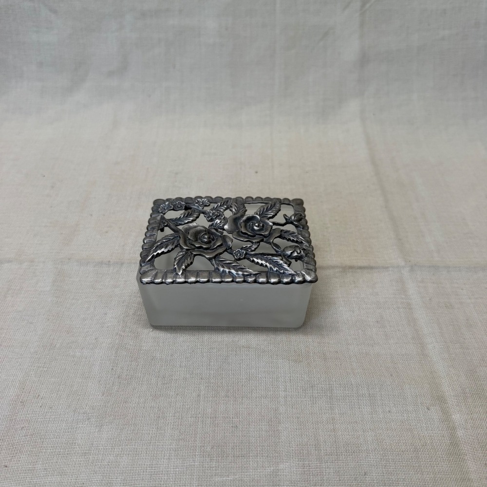 Vintage Frosted Glass Trinket Box with Pewter Floral Lid Romantic Vanity‎ Decor